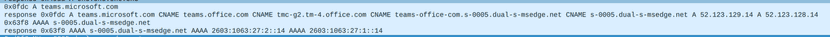 Wireshark capture showing separate A and AAAA queries for teams.microsoft.com